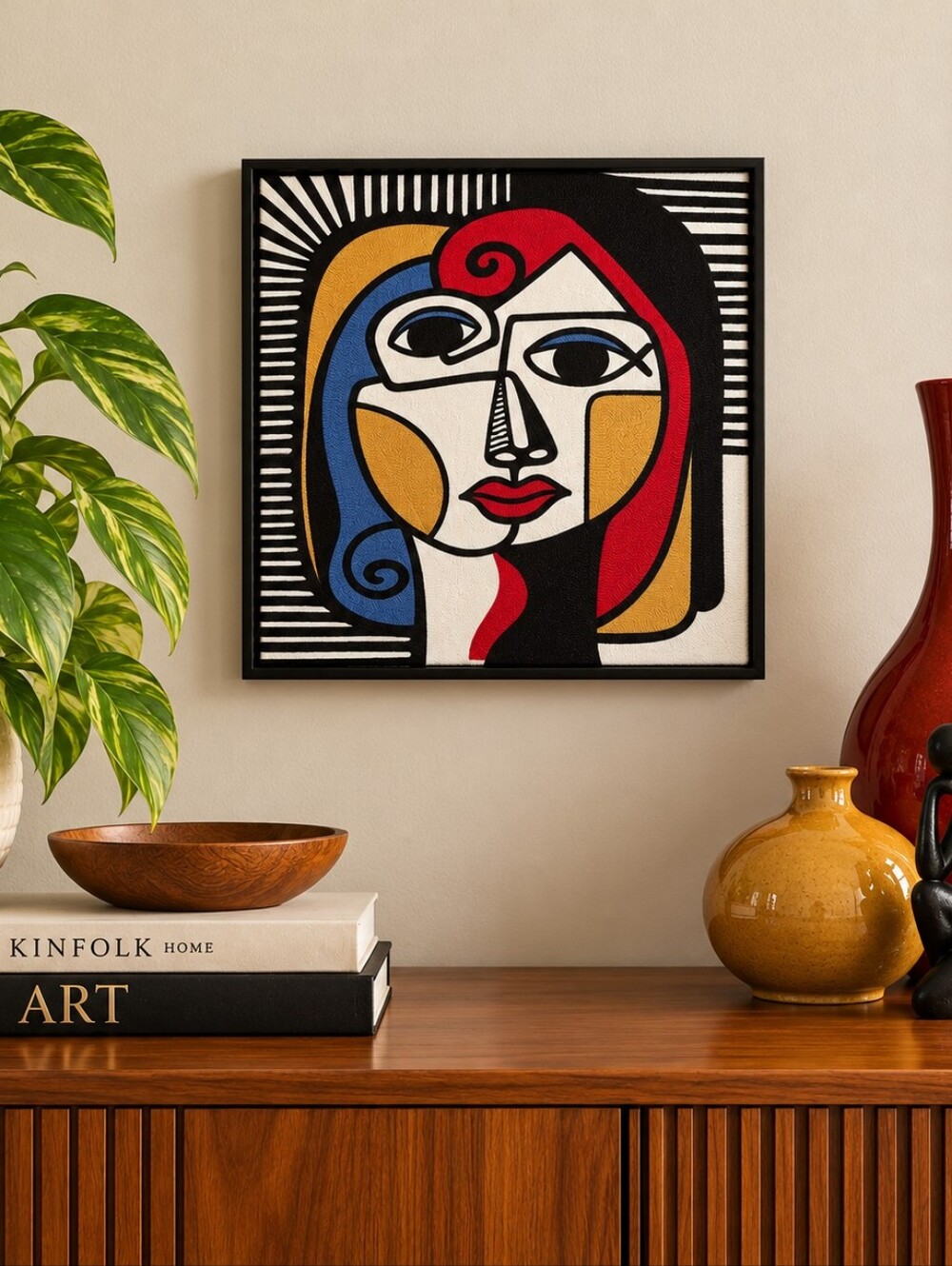 Picasso-inspired Cubist Needlepoint/Embroidered Textile Wall Art